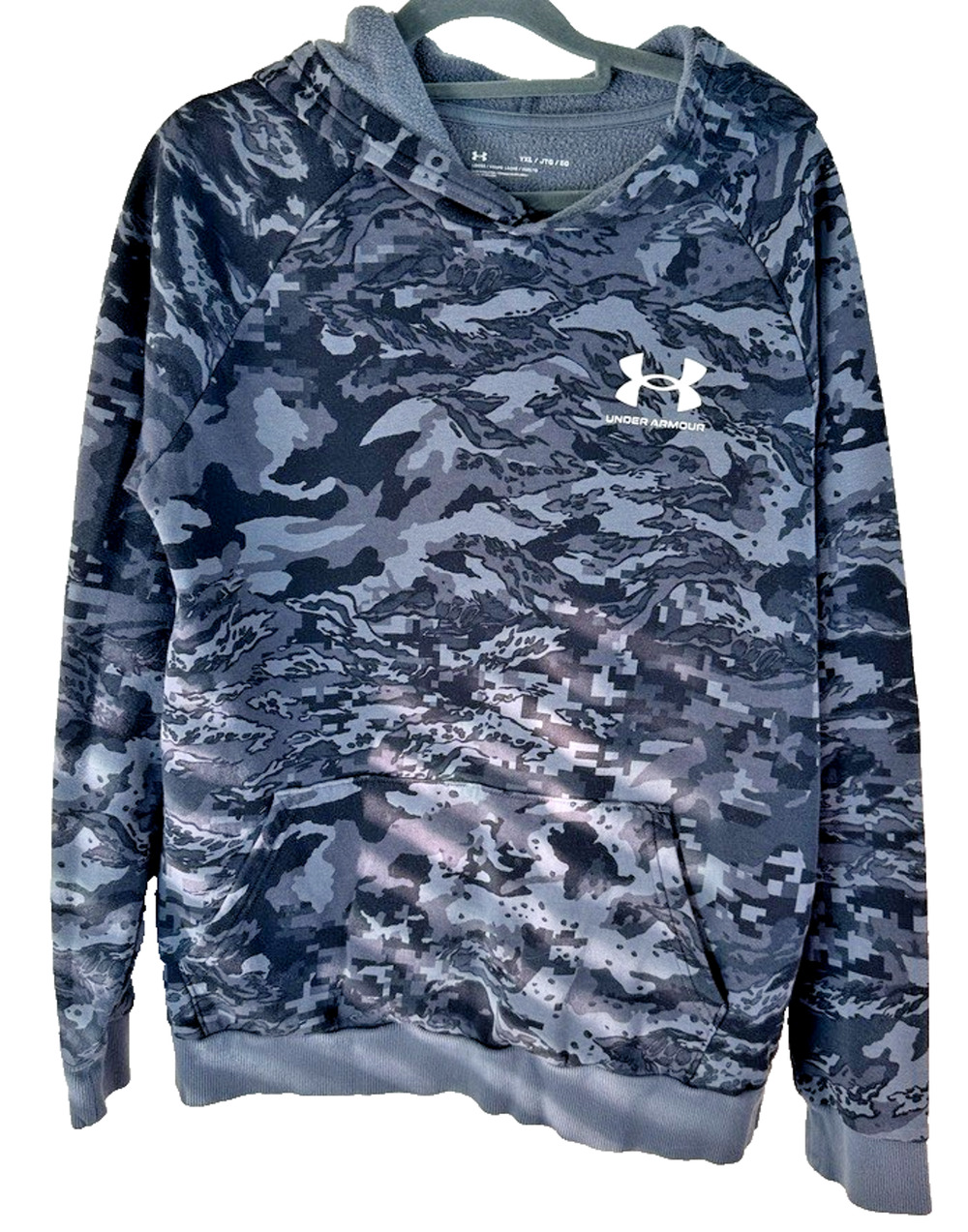 Under Armour Size Youth YXL Camo Hoodie Black Gray Long Sleeve Sweatshirt Warm